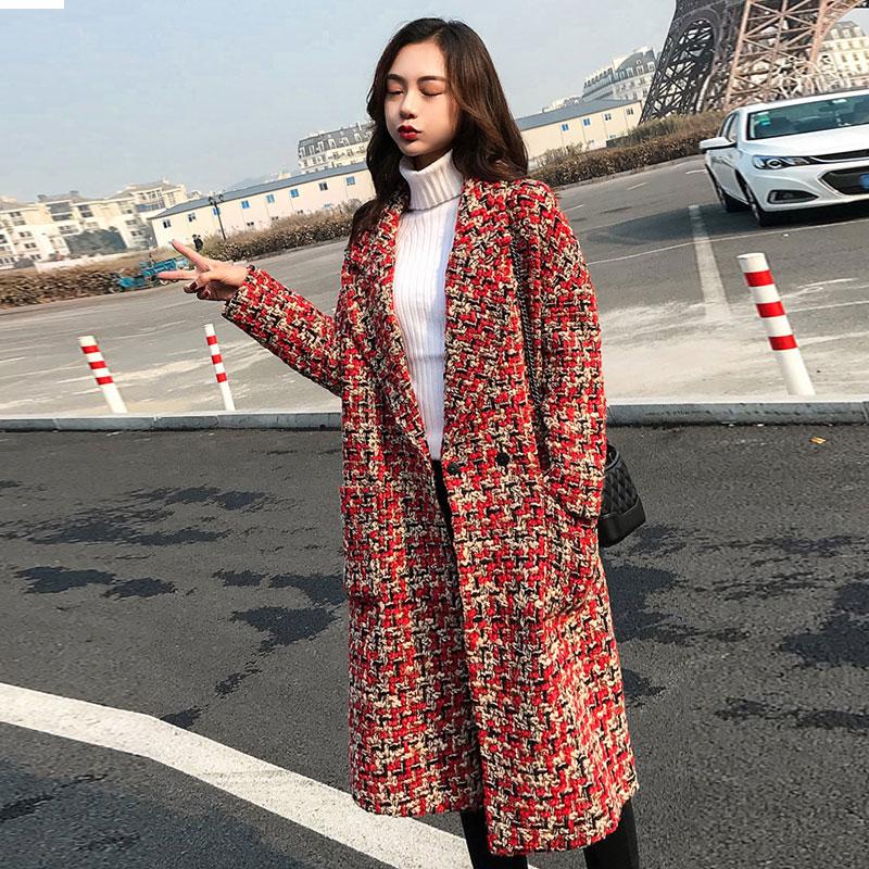 

2021 Autumn Winter Coat Woolen Overcoat Women Long Plaid Blend Coat Thick Wool Cashmere Tweed Jacket Warm Red Outwear 768