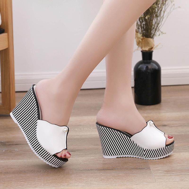 

Summer Wedges Sandals High heels Beach Slippers Platform Stripe Pearl Sandals flip flops women shoes Sandalias mujer Shoes1, White