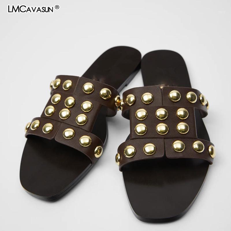 

LMCAVASUN england retro personality rivet leather casual mule shoes flat shoes slippers women woman sandals1, Black