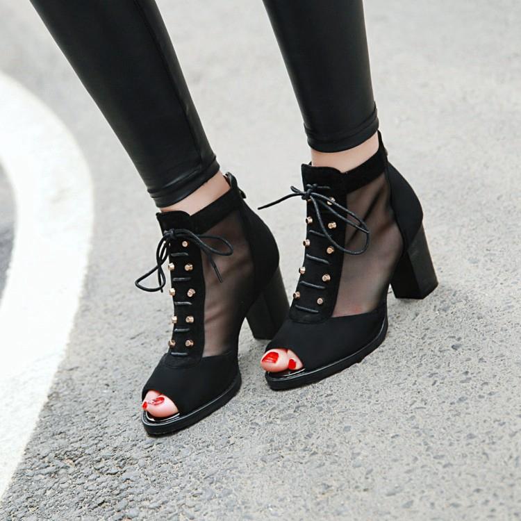 

Sandalias Mujer 2021 Big Size 34-45 Brand Design Mesh Zip Sandals Women Mesh Ankle Boot Summer High Heel Peep Toe Shoes 88-2, Black