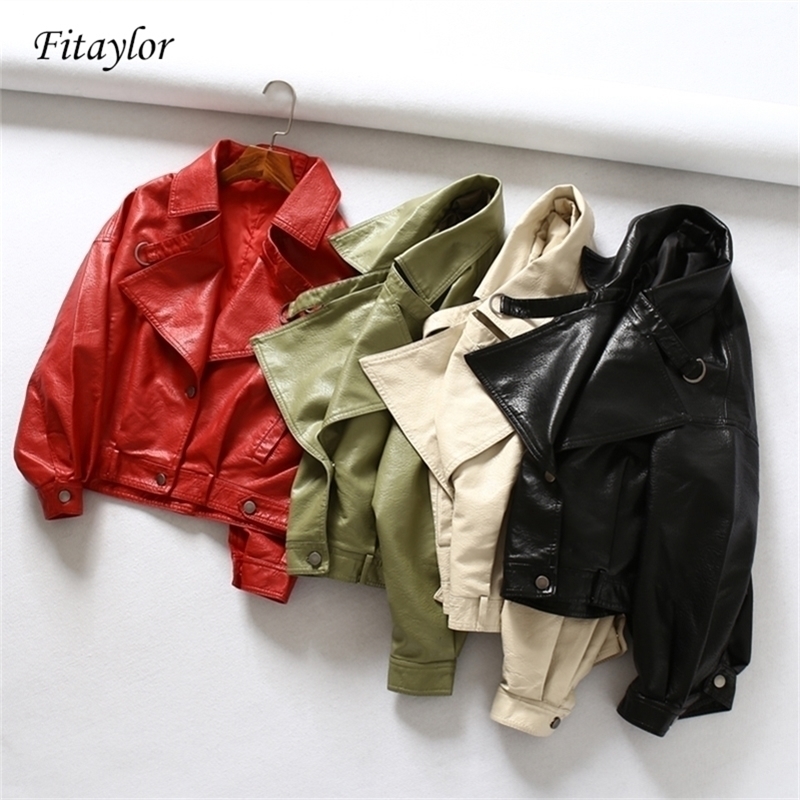 

Fitaylor Women Faux Leather Jacket Batwing Sleeve Vintage Biker Coat Short Zipper Motor PU Red Jacket Spring Street Leather Coat 201214, Beige