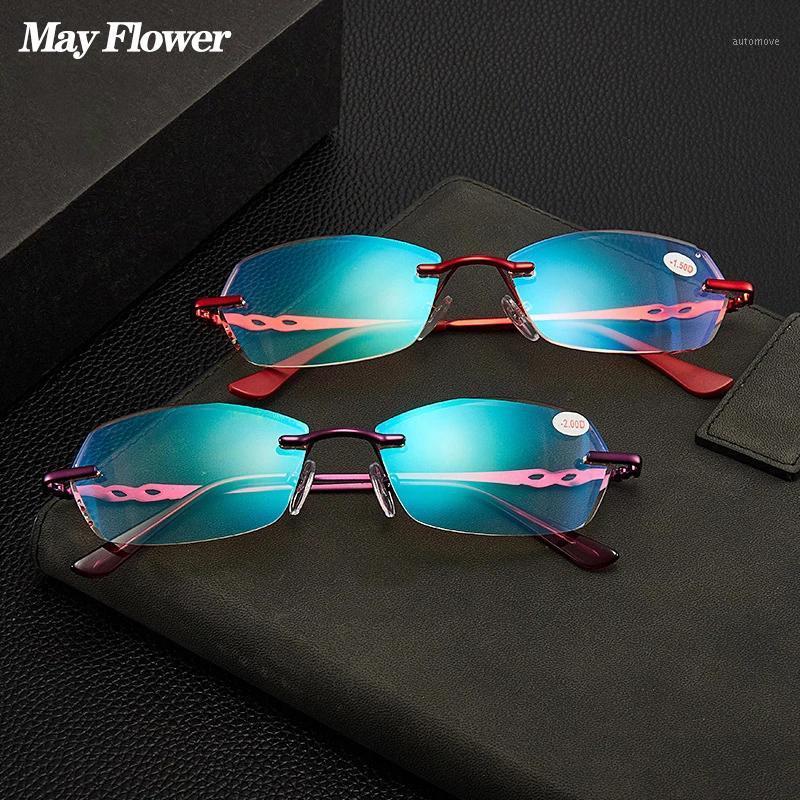 

May Flower Dimond Cut Anti-Blue Reading Glasses Light Rimless Presbyopic Glasses Anti-Radiation Frameless Eyewear For Women+3.51