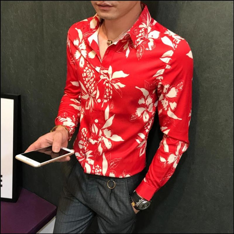

Autumn Men Personality 3d Print Slim Long-sleeve Shirt Male Shirt Easy Care Hairstylist Red Flower Shirts Singer Costumes