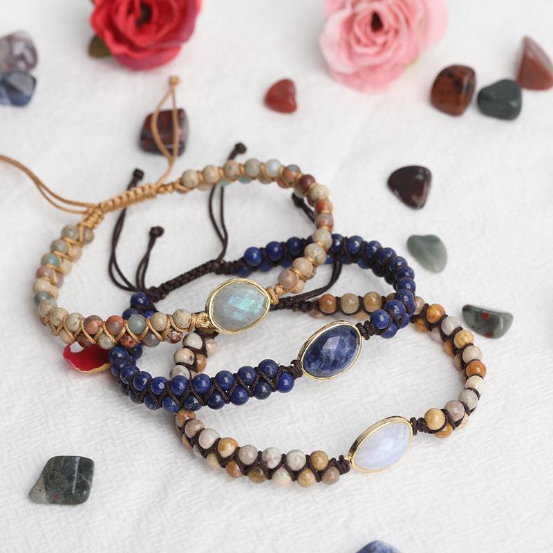 

5Pcs/Lot Natural Stone Oval Charms Bracelet 4mm Snakeskin Jaspers Lapis Stone Beads Knotted Braided Bracelet Friendship Jewelry