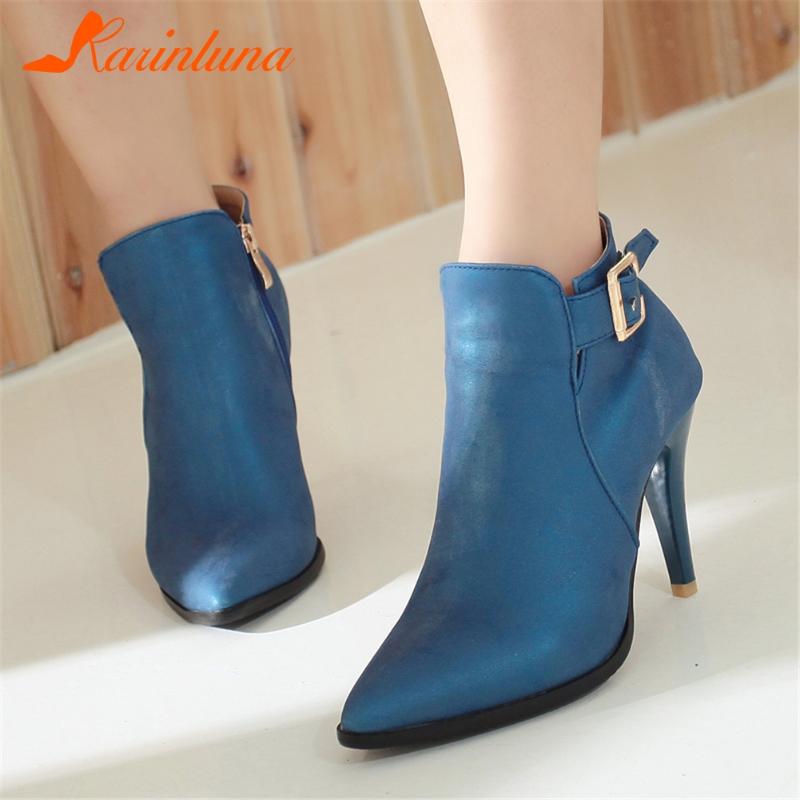 

Female Shoes Fashion New On Sale Office Ladies Elegant Spike Heels Buckle Straps Pointed Solid Ankle Boots Multicolor, Brown add fur