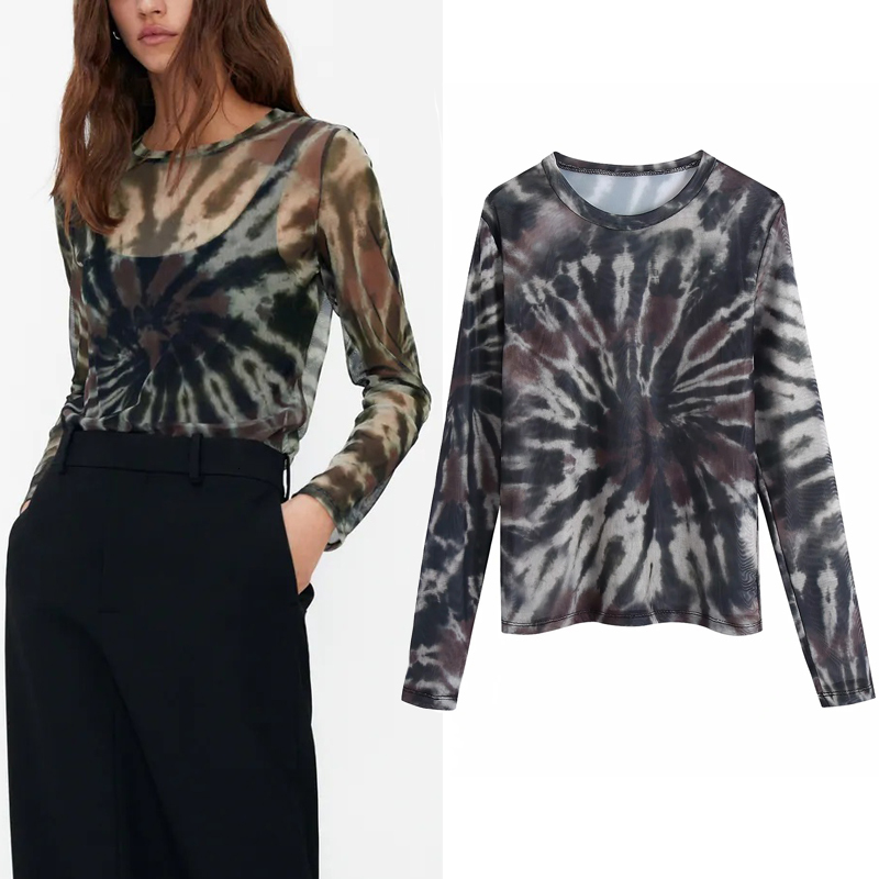 

2021 New Semi Sheer Mesh Top Women Fashion Tie-dye Printed See Through Tulle Long Sleeve Tops Woman Sexy Vintage Blouse Upmm, Print