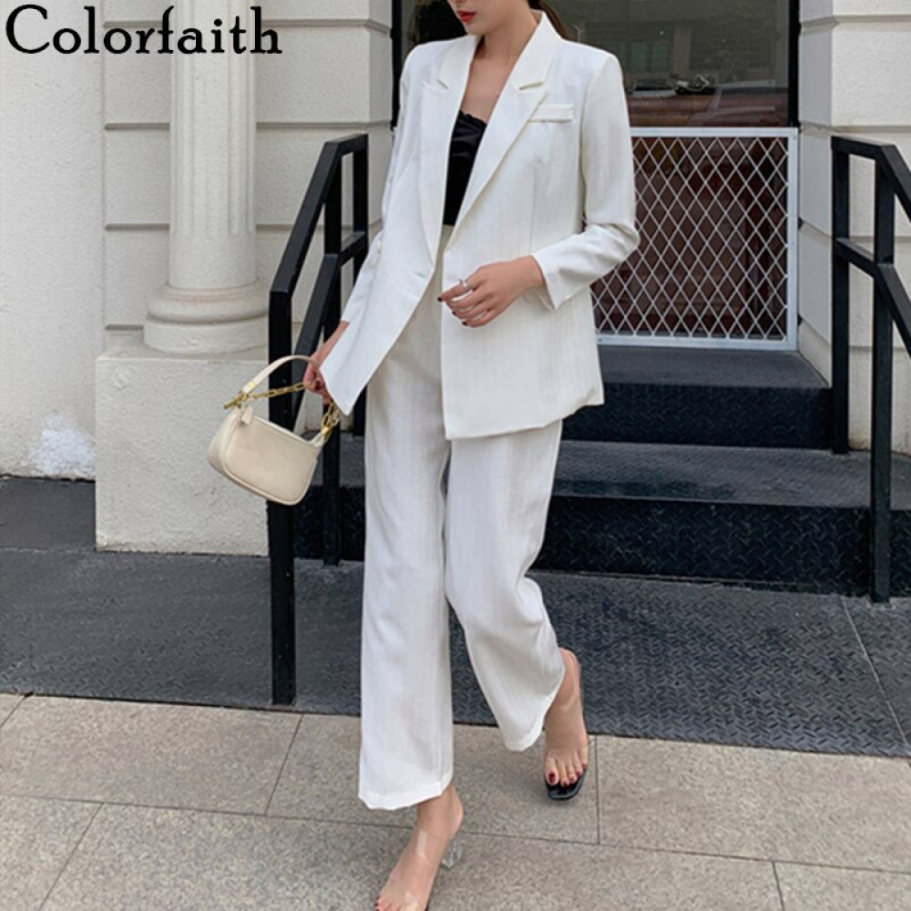Colorfaith New Summer Autumn Women Sets 2 Piece Matching Pants Casual High Waist Office Lady Striped Elegant Suit WS20008 201119Z
