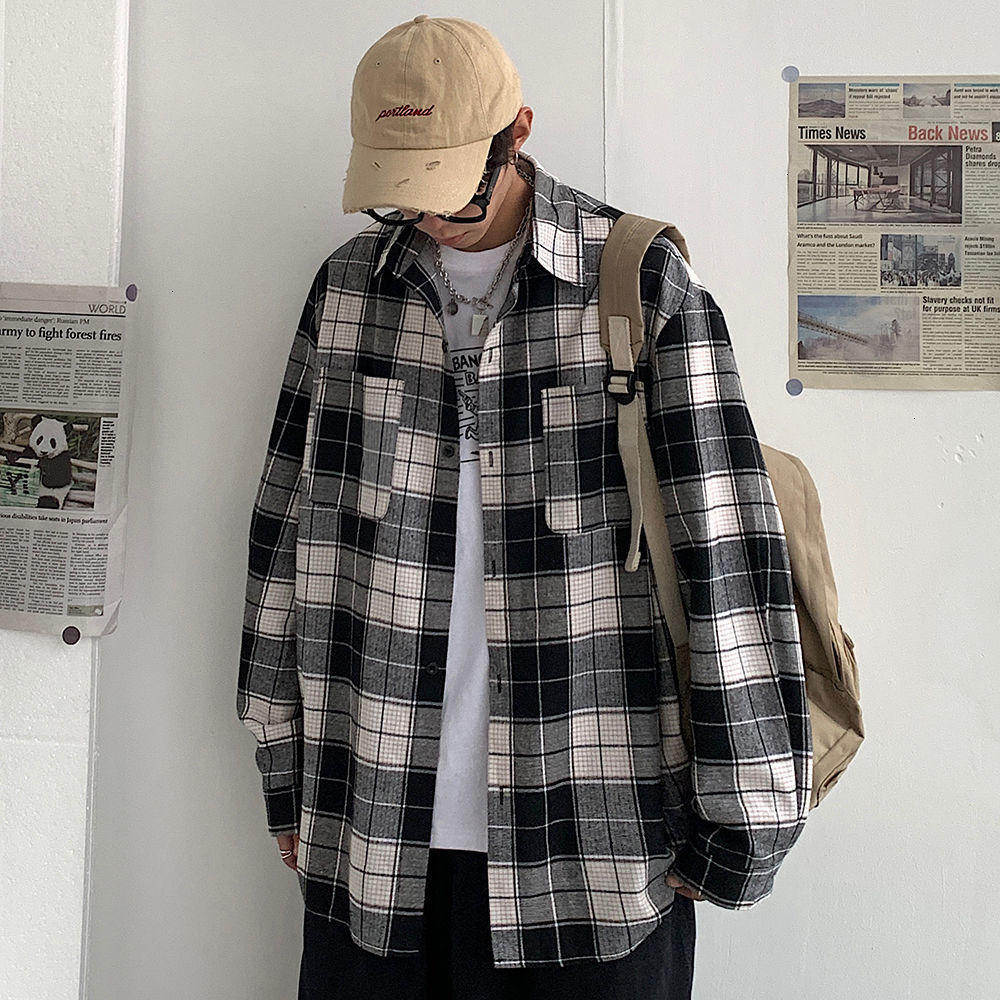 

New Men's Loose Plaid Long Sleeve Shirt 2021 Woman Vintage Streetwear Tops Casual Oversize Male Shirts Clothing Xom6, Coffeege