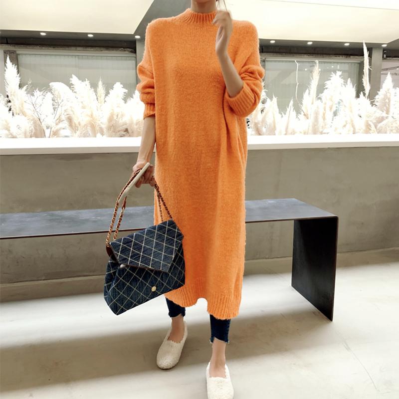 

Casual Women Sweater Dresses Long Sleeve o Neck Warm Winter Dress Orange Blue Gray Basic Clothing Women Thick Knitting Dress
