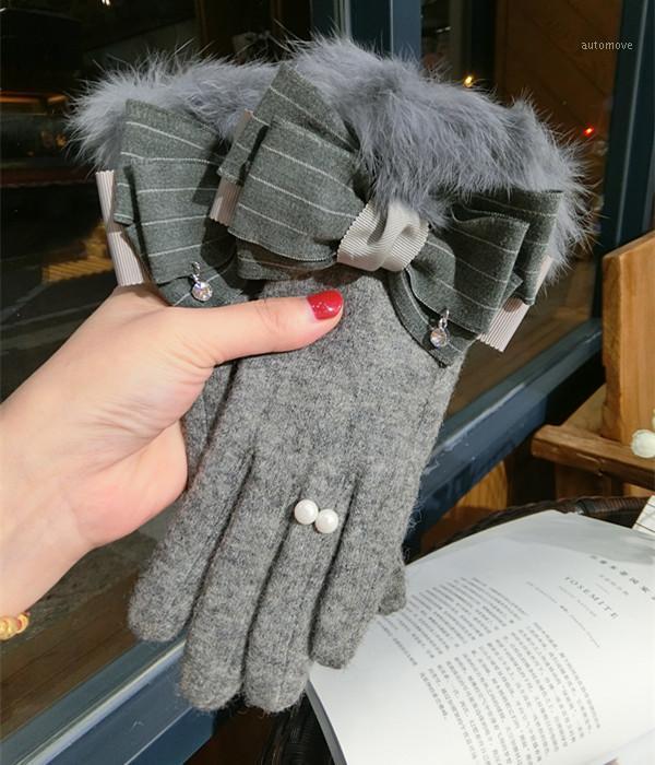

New Korean touch screen gloves wool bow warm knitted women Cashmere gray spring winter gloves thick lovely mittens1