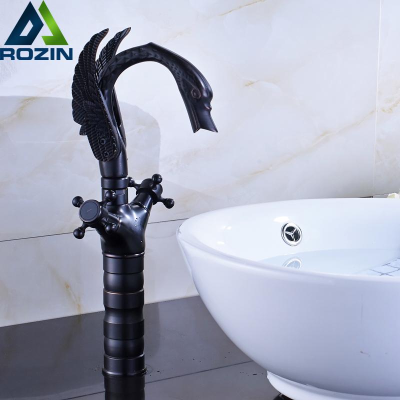 

Dual Cross Handle Black Bronze Basin Faucet Deck Mounted Countertop Swan Bathroom Mixer Faucet hot and cold water