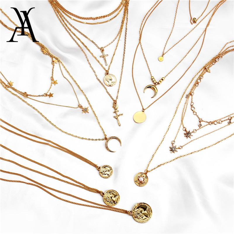 

Bohemian Gold Color Star Moon Layered Necklace for Women Vintage Geometric Portrait Coin Pendant Long Necklace Choker Collares