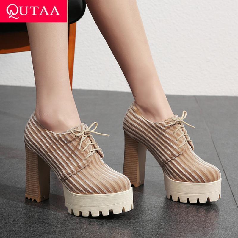 

QUTAA 2020 Women Pumps Platform Square High Heel Synthetic Spring/ Autumn Square High Heel Round Toe Ladies Pumps Size 34-421, Black