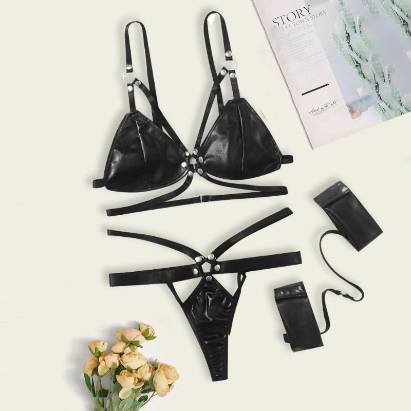 

2020 Sexy Beautiful Leather New Underwear Sleepwear Lingerie Artificial Leather Thong Underwear Bracelet Sets, Black