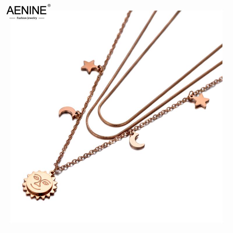 

Chokers AENINE Bohemia Stainless Steel Three-layer Sun Star Moon Choker Necklaces Pendant Chain & Link Necklace For Women Girl AN20016