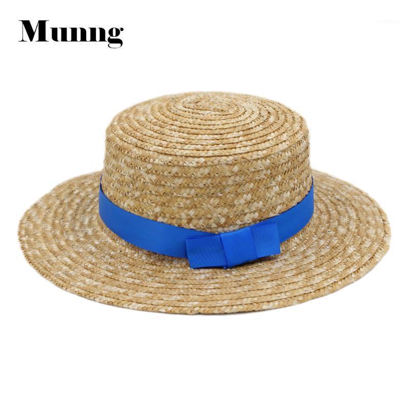 

Munng Women Summer Wheat Straw Knit Wide Brim Boater Hat Bowler Flat Top Beach Sun Cap1, Green