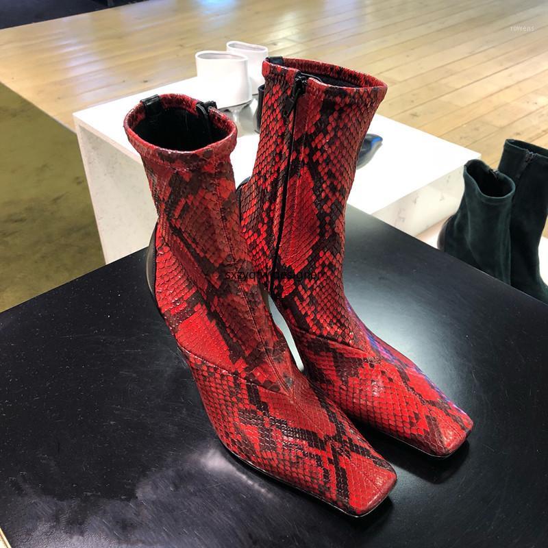 

Hot Color Snake Print Leather Sexy Women Boots Rome Zapatos De Mujer Square Toe Thin Heels Botas Mujer New1, As pic