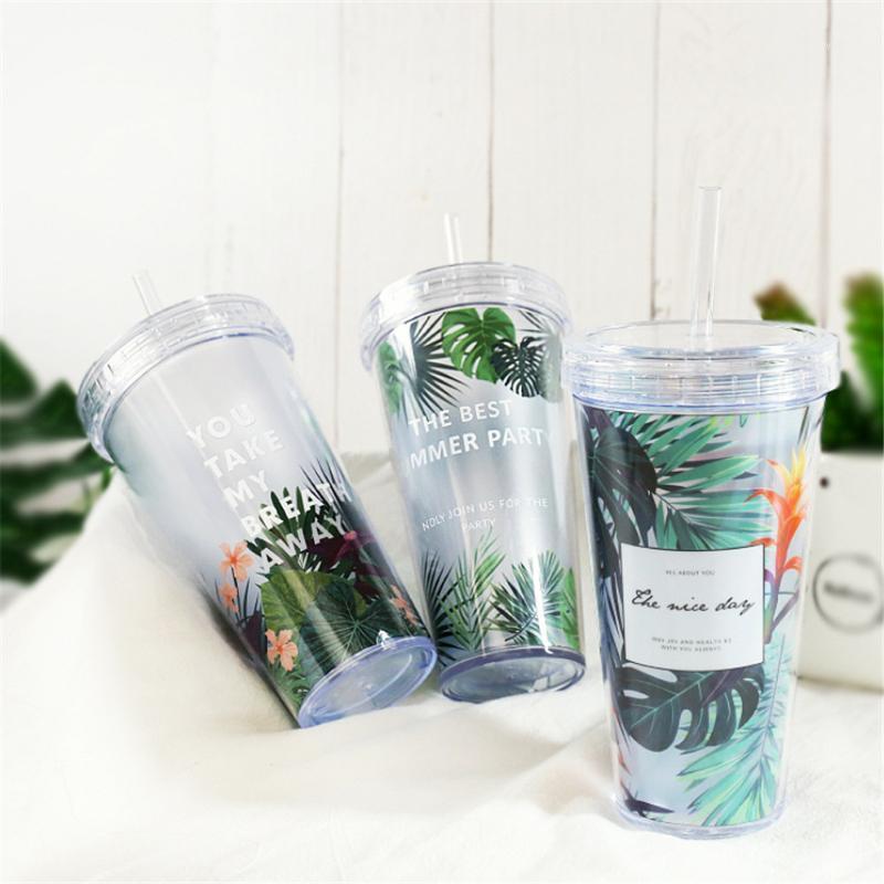 

Creative Plastic Mugs Scrub Plant Pattern Double Layer Water Bottle With Straw Travel Portable Milk Cup Drinkware Gifts 1pcs1, Style 1