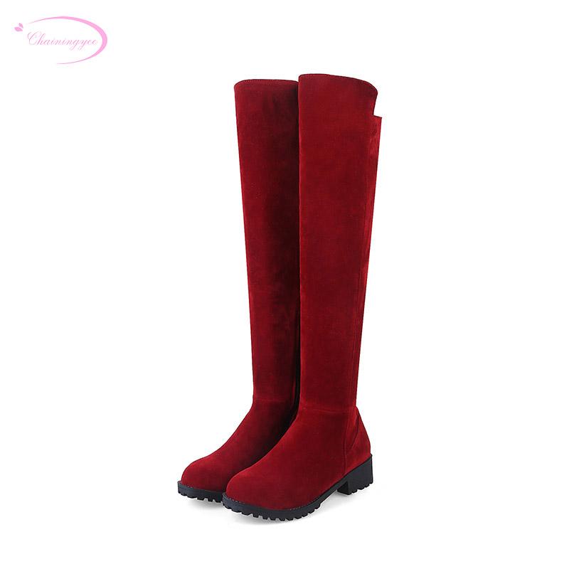 

Chainingyee leisure round toe nubuck over knee high boots zipper platform black red green thick middle heel women's riding boots