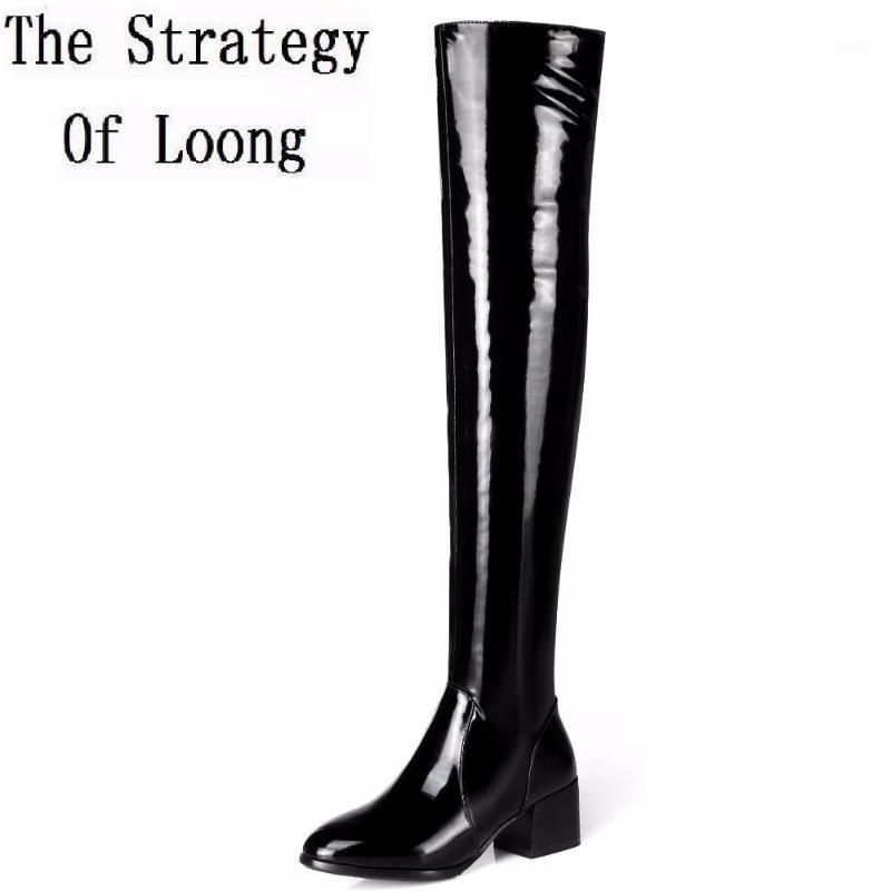 

Casual Short Plush Patent Leather Square Heels Women Over The Knee Boots Winter Pointed Toe Solid Basic Zip Long Boots ZY1709061, Black