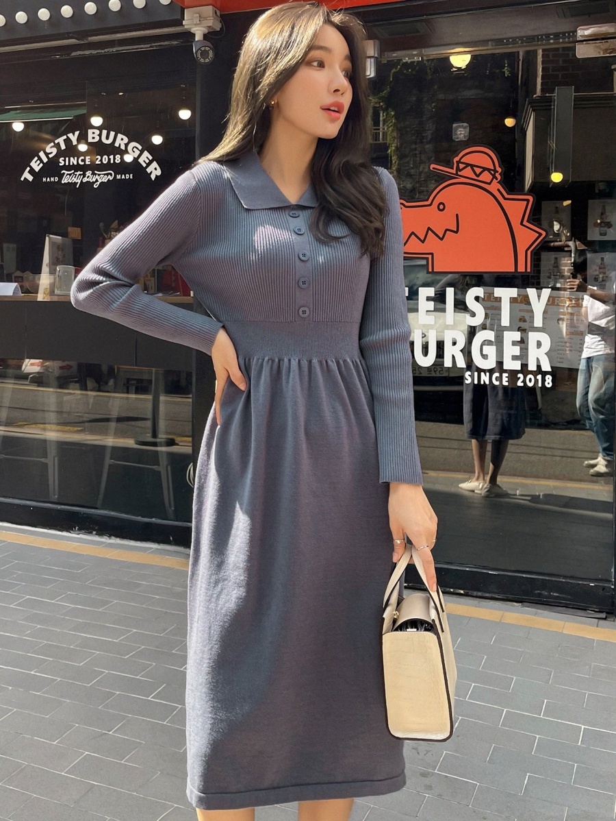 

DAZY Half Button Solid Sweater Dress k7pz#, Dusty blue