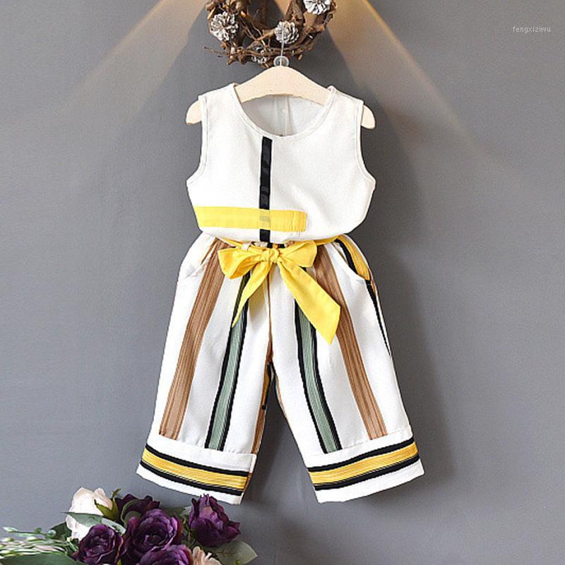

New Summer Fashion Kids Girls Clothes Sets Sleeveless Splicing Design T-Shirt+Striped Pants 2 Piece Set Children Casual Outfits1