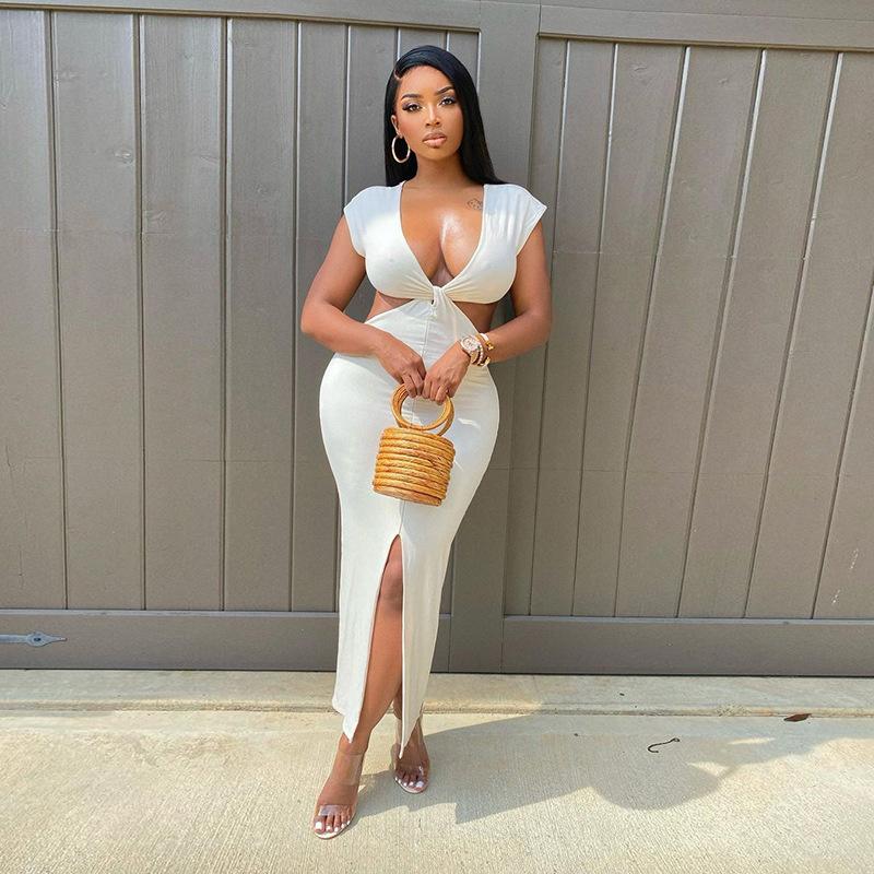 

Casual Dresses Hirigin Rib Knitted Bodycon Dress Women V Neck Hollow Out Split Maxi Sexy Streetwear Femme White Backless Skinny Vestidos