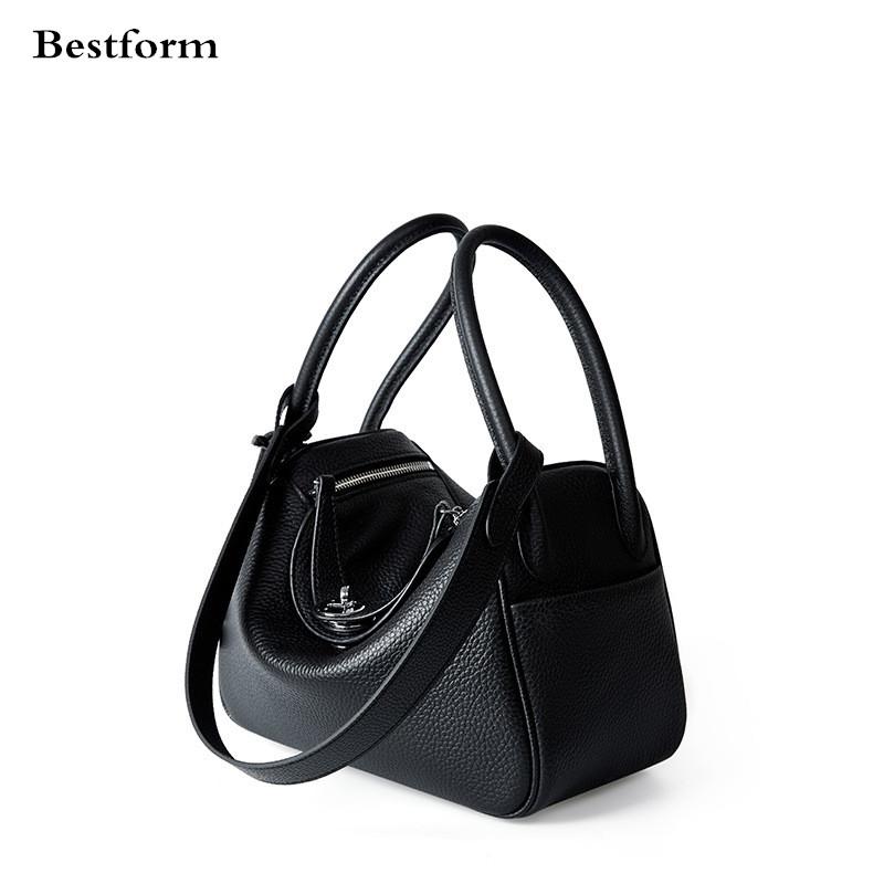 

High-end Genuine Leather Women Basket Bag Litchi Pattern One Shoulder Lady Pillow Bags, Black