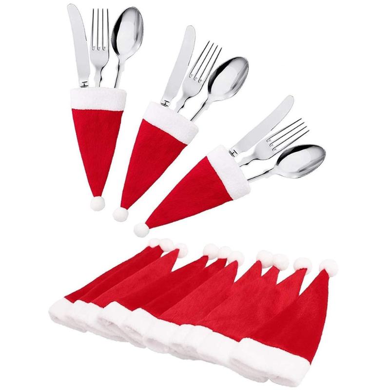 

Christmas Decorations 1pcs Mini Cutlery Holder Red Santa Hat Spoon Tableware Storage Bag Ornament For Dinner Table Decor