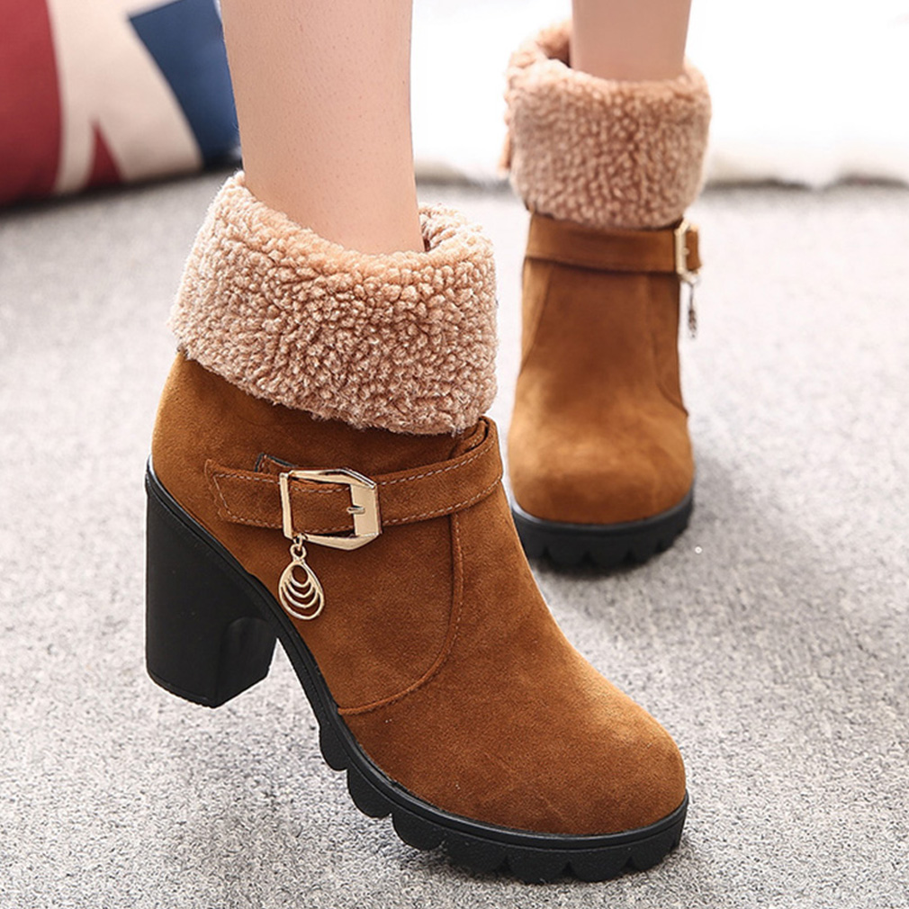 

2020 Winter High Heel Boots Platform Warm Plush Square Heels Winter Shoes Women's Boots Ladies Fashion Brand Ankle Snow, Black