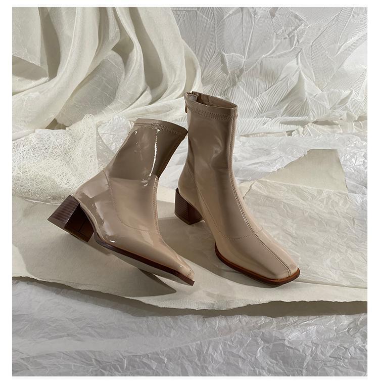 

2020 autumn and winter square heel patent leather oxford sole zipper ankle boots nude color stretch thin women's fashion boots1, Black