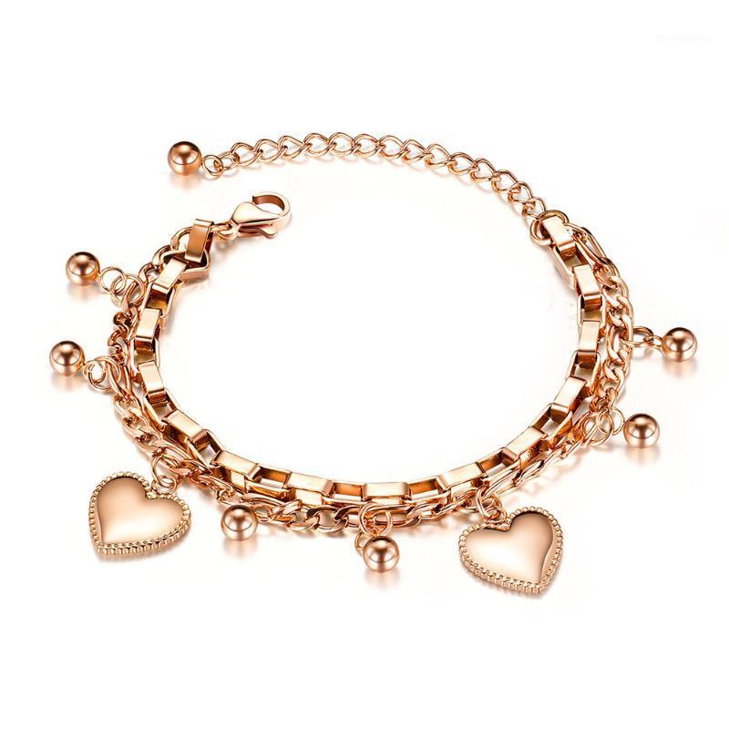 

Trendy Double Layer Stainless Steel Love Heart Ball Charm Bracelets For Women Girls Bohemia Chain Link Jewelry B191511