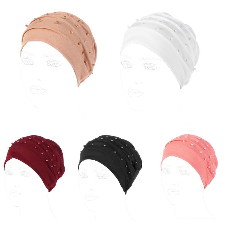 

Fashion Winter Hat Female Skullies Womens Beaded Headscarf Luxury Turban Ruffle Muslim Chemo Cap Hair Accessories, Kh