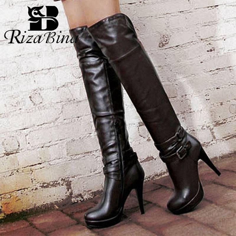 

RIZABINA Fashion Sexy Ladies Black Over The Knee Boots Pu Leather Buckle Spike Heels Shoes Woman Office Footwear Size 32-431