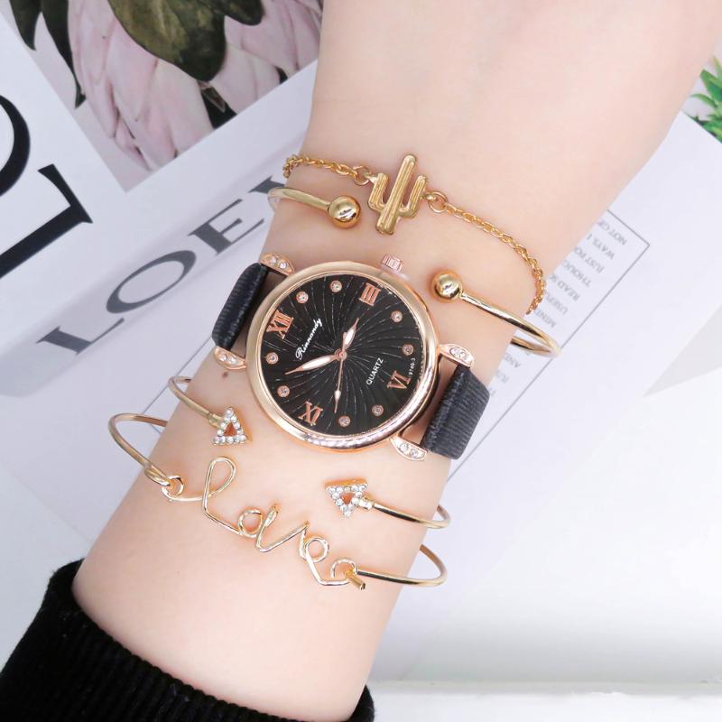

Wristwatches 5PCS /Set Fashion Leather Ladies Wristwatch Casual Retro Female Watch Belt Dress Quartz Relogio Feminino, Black