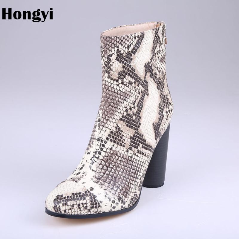 

Woman Winter Shoes Gladiator Square High Heel Ankle Boots Snakeskin Fashion Block Heels Boots Women Zapatos Mujer, As showed color
