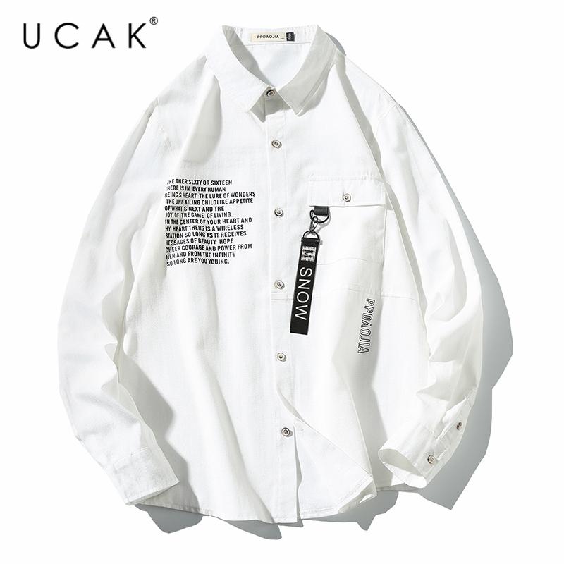 

UCAK Brand Men Solid Color Shirt Long Sleeve 2020 Man Korean Fashions Letter harajuku Shirt Male Streetwear Spring Shirts U6074, Black