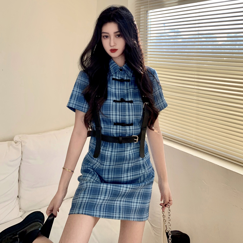 

2021 New 2 colours sm summer Chinese style short sleeve mini dress women' clothing with belt (c2615) 1E6D, Black