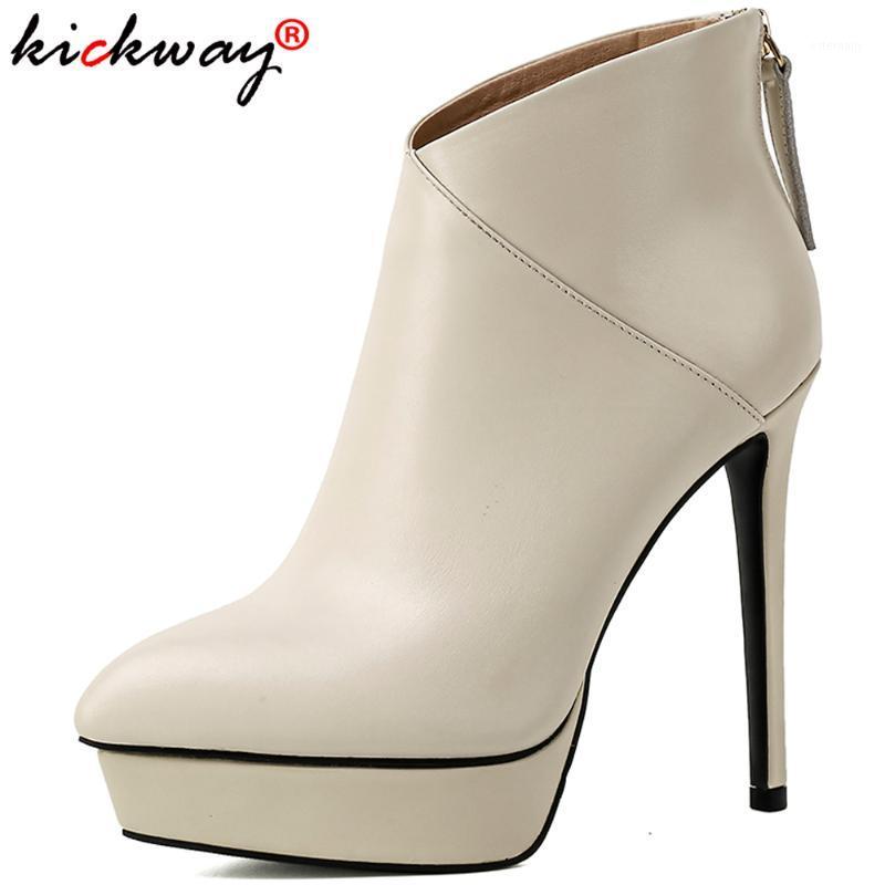 

kickway black genuine leather fashion high heel&platform boots back zipper round toe platform booties botas large sizes 34-411, Beige fur inside