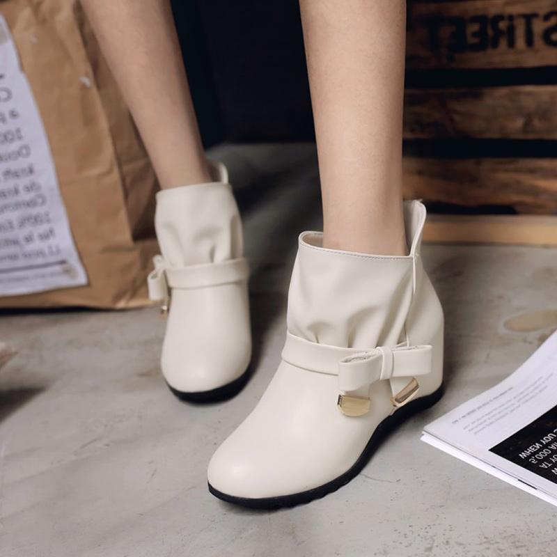 

Women Short Plush Ankle Boots Winter Woman Height Increasing Ladies Mid Heels Women's PU Leather Shoes Female Footwear Plus Size, Beige