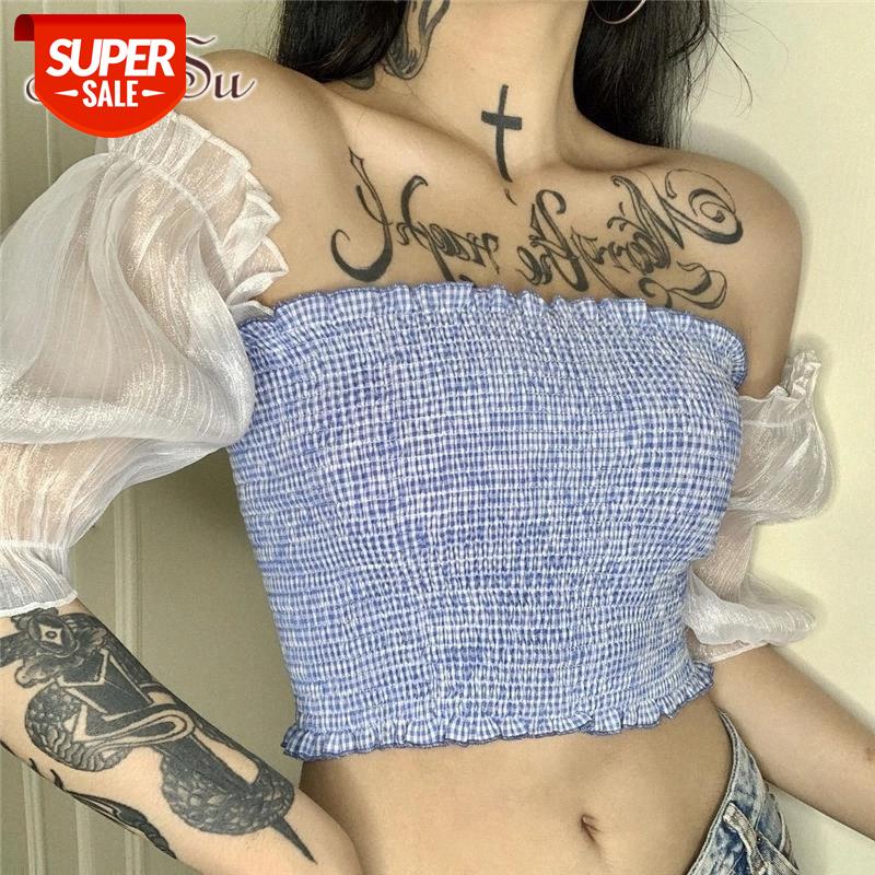 

ArtSu Sexy Slash Neck Transparent Puff Sleeve Plaid Strapless Crop Top T-shirt 2020 Summer Women Fashion Tshirt ASTS28004 #qE68, White