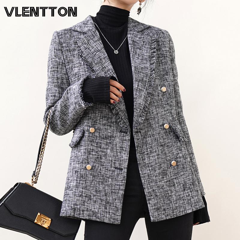 

2021 Autumn Winter Women Vintage Plaid Tweed Blazers fashion Tassel Suit Jackets Korean Outwear Tops Female Office Blazer Mujer, Photo color