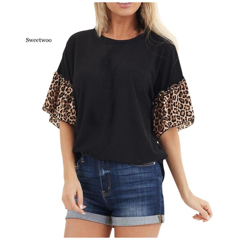 

Women' O-neck Leopard Print Blouses Splice Short Sleeve Shirts Loose Tops Patchwork bluse women Clothing, Black