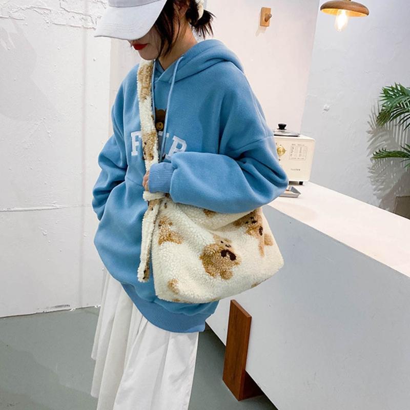 

Women Lamb Like Fabrics Shoulder Crossbody Purse Fluffy Fur Bear Handbags M68C, White