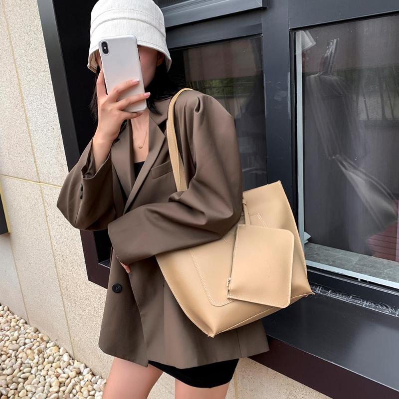

2pcs/Set Large Capacity Shoulder Bag 2020 Women PU Leather Solid Color Tote Bags Ladies Office Big Work Handbags Composite Set, Brown