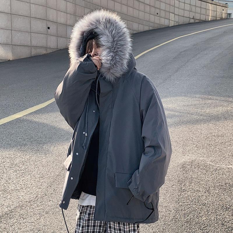 

Winter Jacket Men's Warm Fashion Fur Collar Hooded Coat Men Parka Streetwear Wild Loose Cotton Thick Long Coat Mens Clothes1, Black