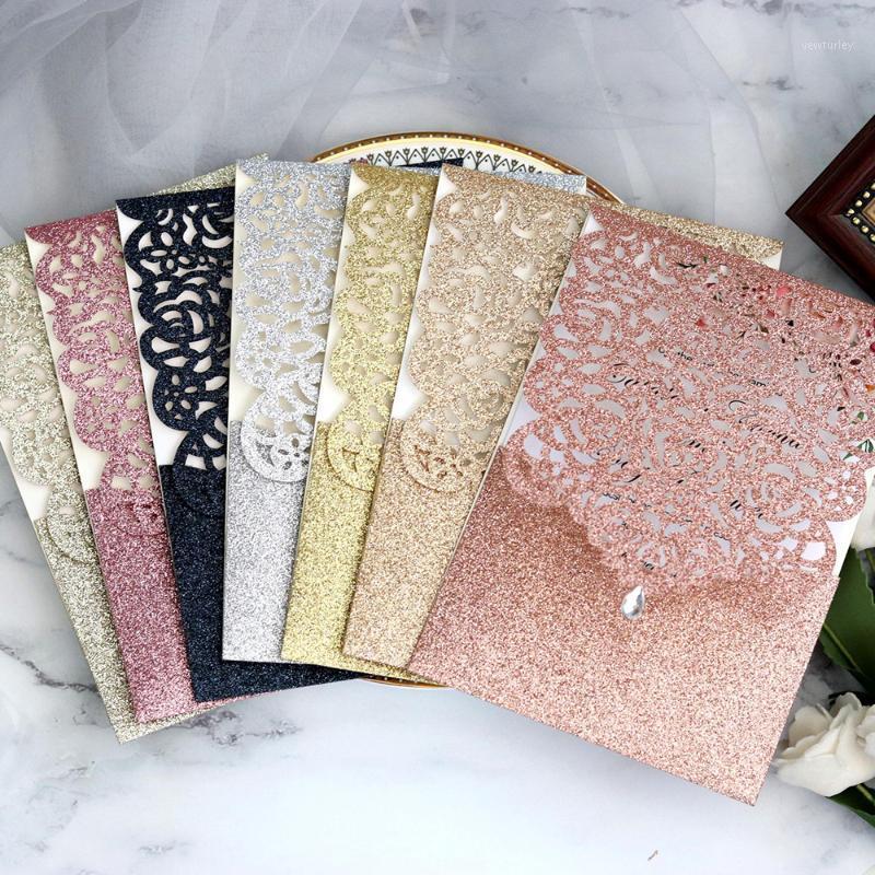 

10pcs Pearl paper Business Invitation Glitter Openwork Pocket Rose Lace Invitation Card Wedding Universal1