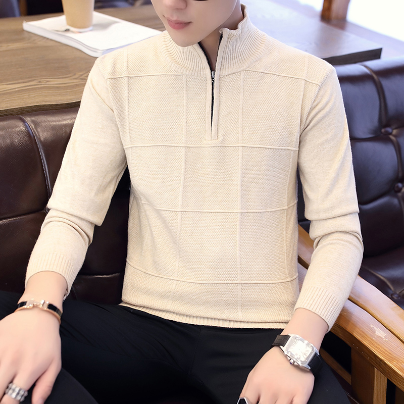 

Turtleneck Mens Sweaters Pullovers Winter Stand Collar Zipper Slim Fit Thick Warm Casual Knitting Warm Knitwear Pullover, Beige
