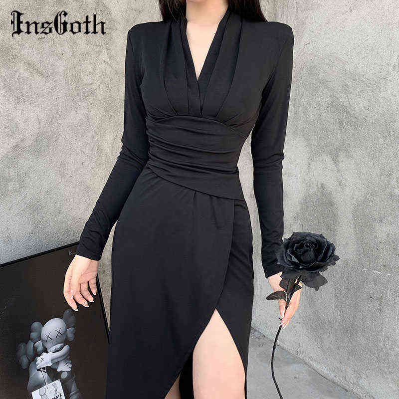 

InsGoth Sexy V Neck Black Dress Goth High Waist Long Sleeve Dresses Vintage Elegant Party Night Slit Dress Women Outwears G1223