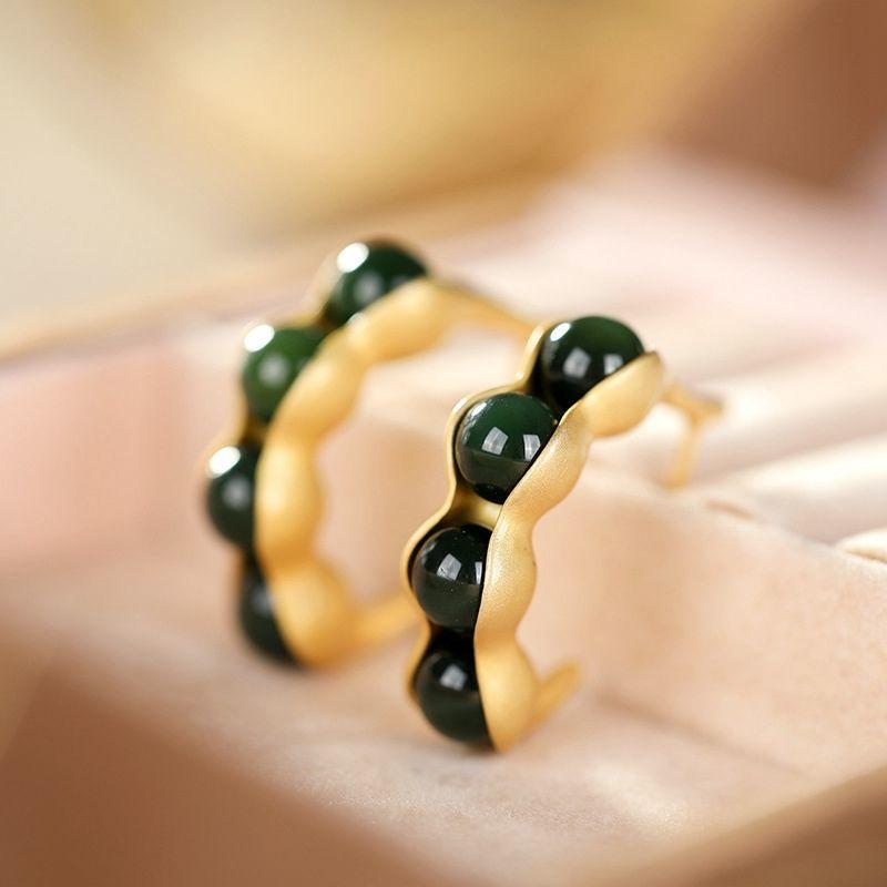 

Natural and tianbiyu four beans Earrings Chinese retro court style unique ancient gold craft women's luxury silver jewelry